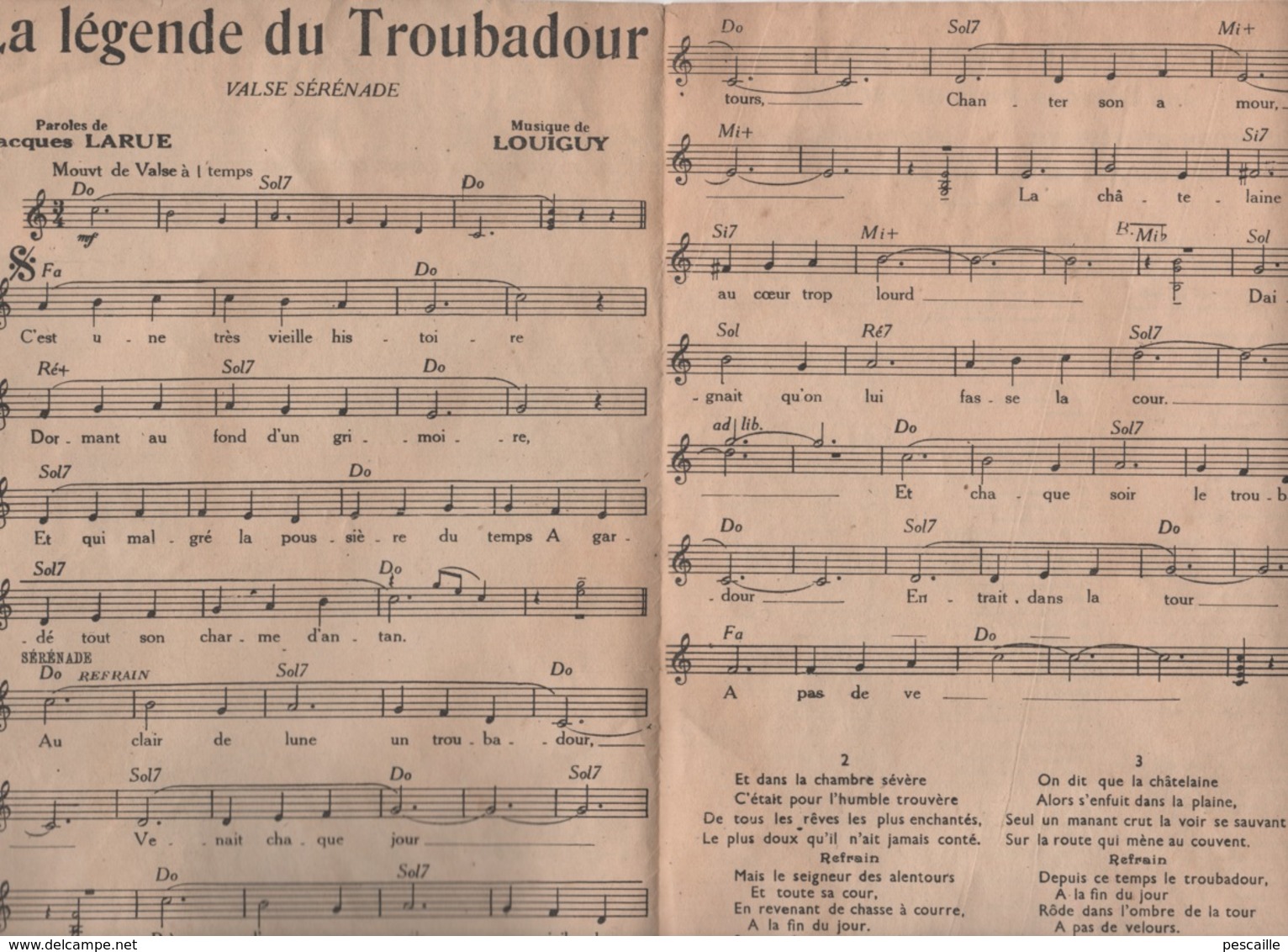 LA LEGENDE DU TROUBADOUR - VALSE - LE GRAND SUCCES DE LEO MARJANE - PAROLES DE JACQUES LARUE MUSIQUE DE LOUIGUY - 1942 - Partitions Musicales Anciennes