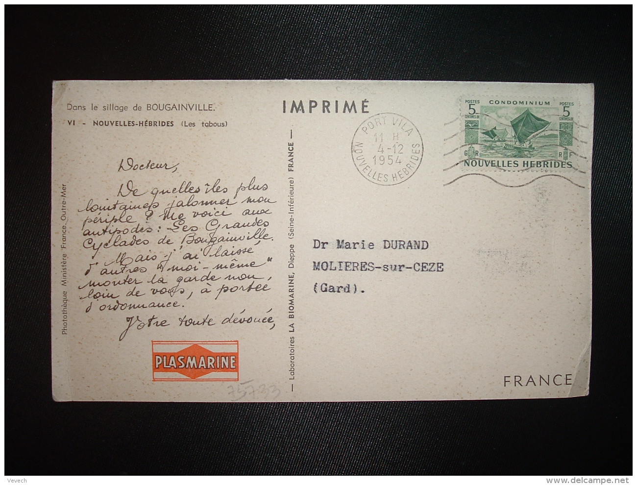 CP Les Tabous PUB PLASMARINE TP CONDOMINIUM 5c OBL.MEC.4-12 1954 PORT VILA NOUVELLES HEBRIDES - Lettres & Documents