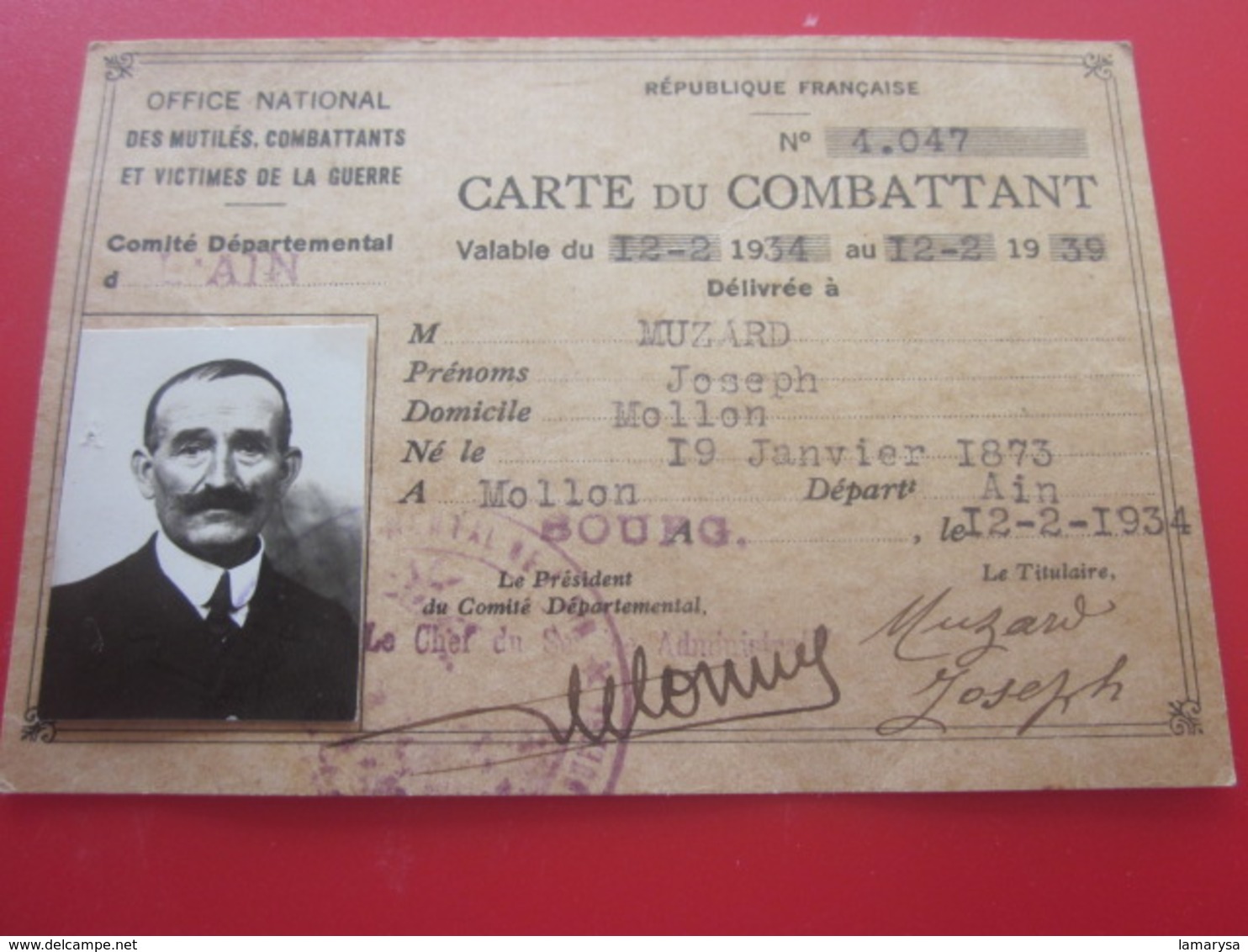 MILITARIA CARTE DU COMBATTANT 1939 WW2 OFFICE NATIONAL MUTILES,COMBATTANTS,VICTIMES De La GUERRE-Muzard Bourg Ain 01 - Documents
