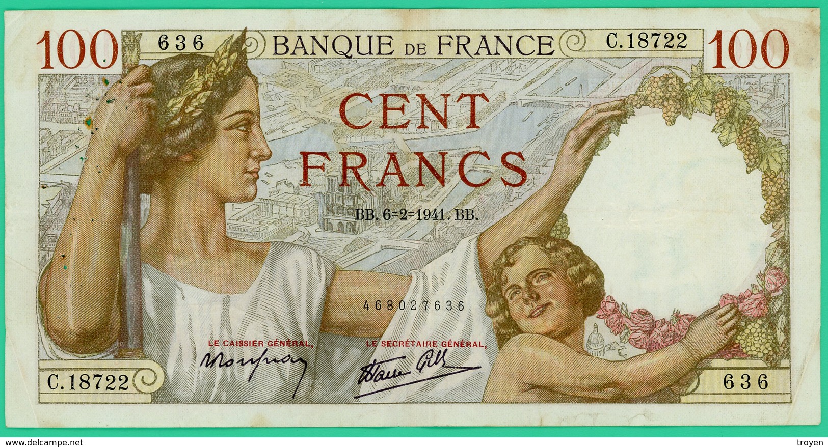 100 Francs -  France -  Type Sully - N° C.18722  636   BB.6=2=1941.BB.  - TB+ - - 100 F 1939-1942 ''Sully''