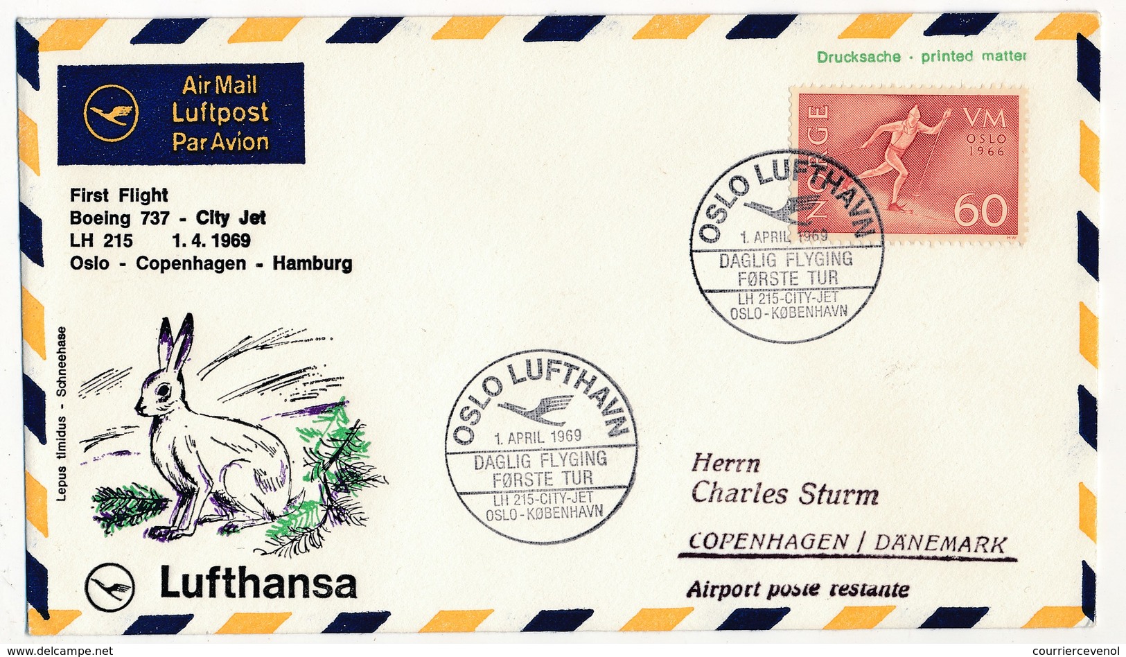 NORVEGE - Premier Vol Lufthansa - Boeing 737 - Oslo - Copenhague - Hambourg 1.4.1969 - Storia Postale