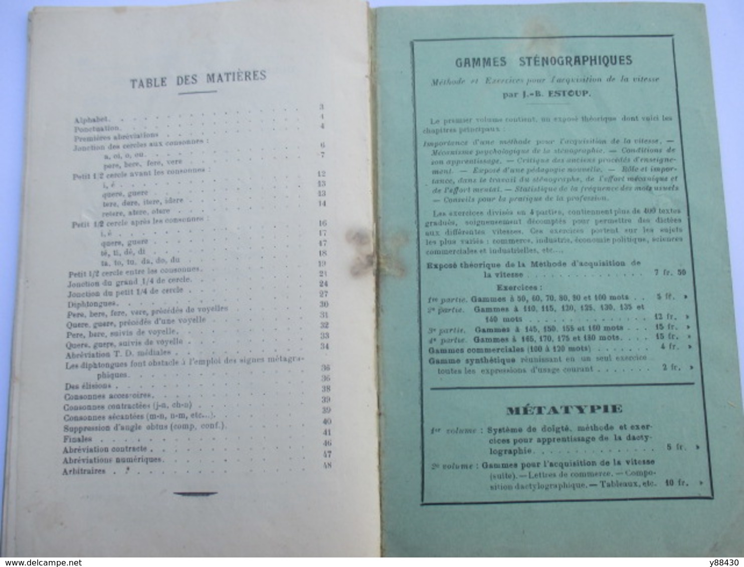 Livret de Cours de STENOGRAPHIE- 9ème édition -  par J.B. ESTOUP - Année début 1900  - 58 pages - 15 photos