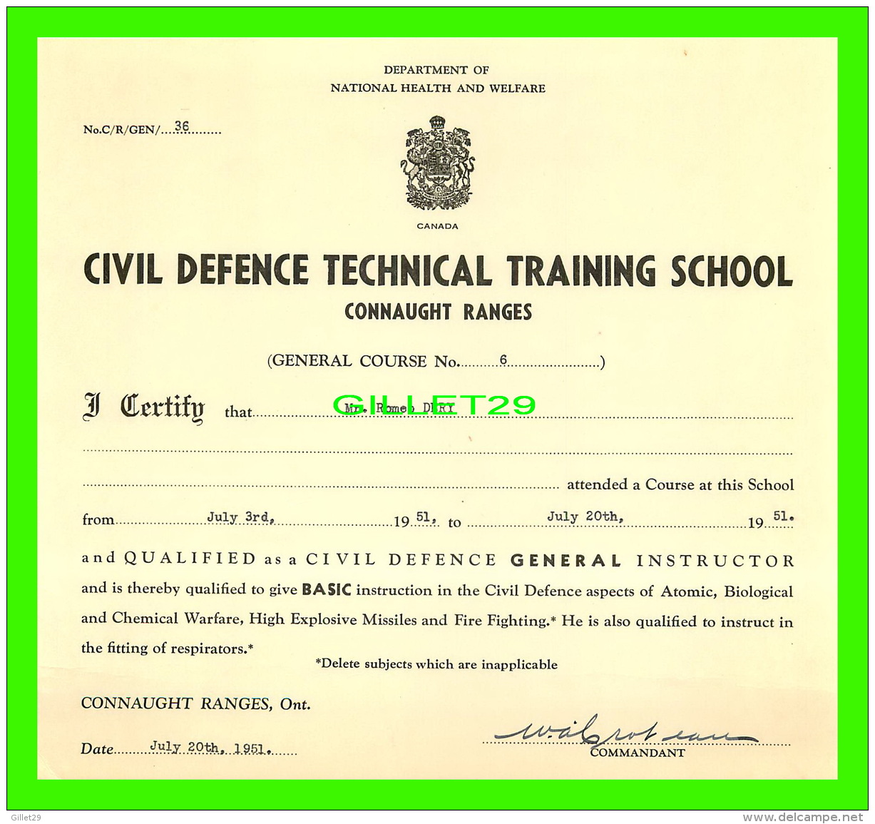 DIPLÔME - CIVIL DEFENCE TECHNICAL TRAINING SCHOOL, CONNAUGHT RANGES, ONTARIO , 1951 - - Diplomi E Pagelle