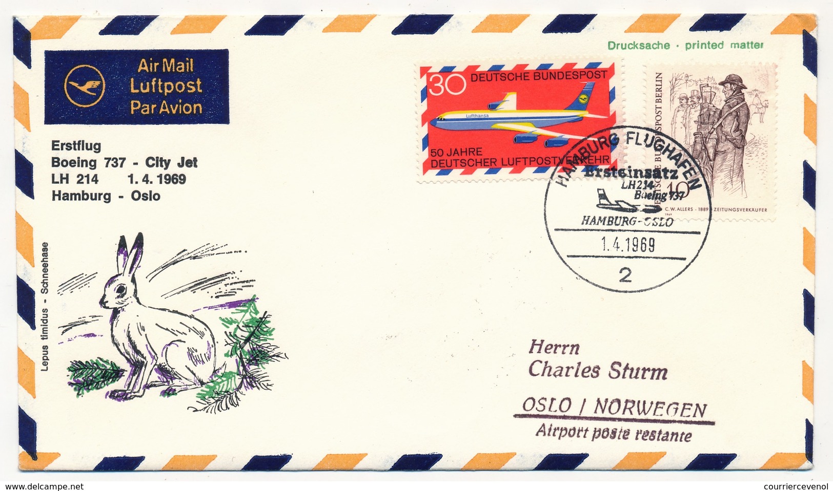 ALLEMAGNE / NORVEGE - Premier Vol Lufthansa HAMBOURG - OSLO Et Retour - Boeing 737- 1.4.1969 - Cartas & Documentos
