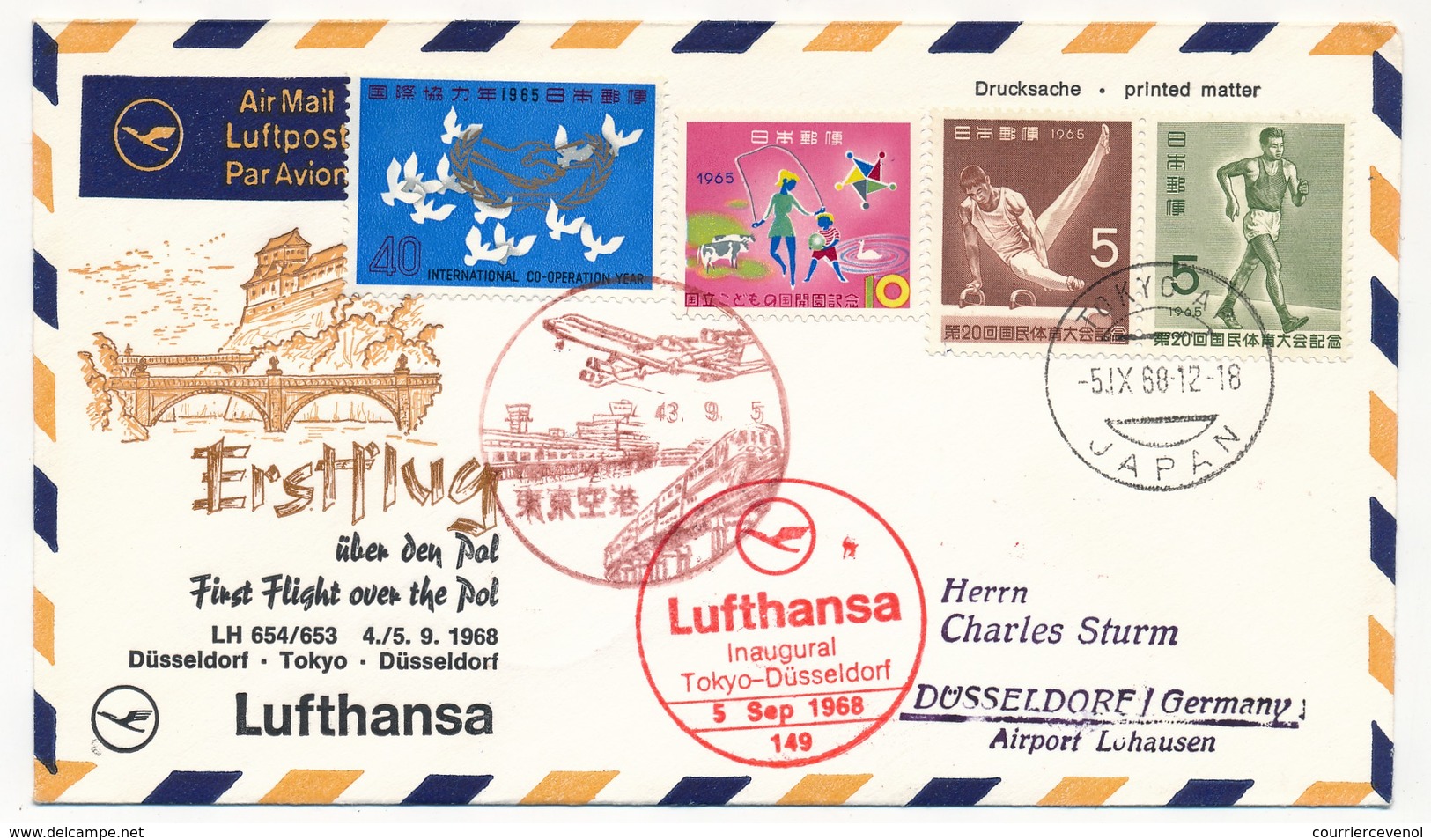 ALLEMAGNE / JAPON - Premier Vol Lufthansa DUSSELDORF - TOKYO Et Retour - Par Le Pôle - 4.9.1968 - Covers & Documents