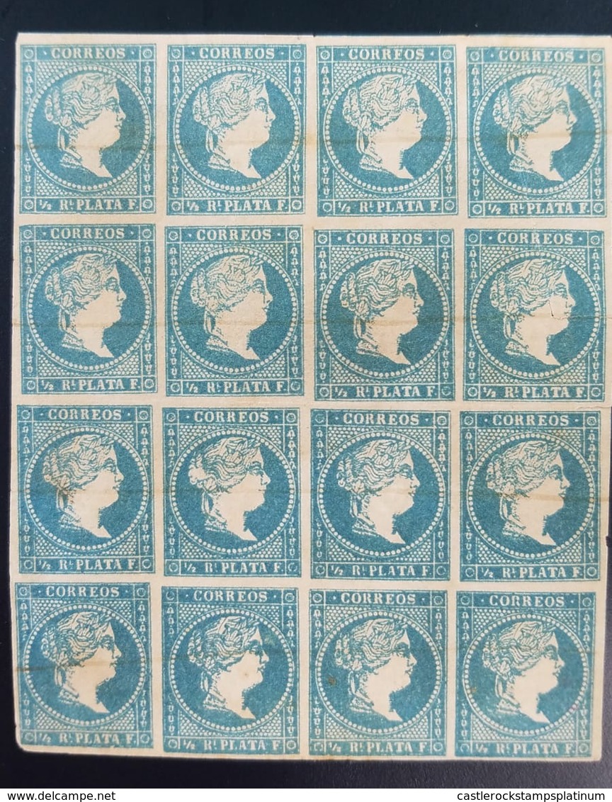 RO) 1855 CUBA-CARIBBEAN, SPANISH ANTILLES, BLOCK OF 16 Un - QUEEN ISABELLA II - 1/2r PLATA-SCOTT 1 BLUE PAPER, XF - Préphilatélie