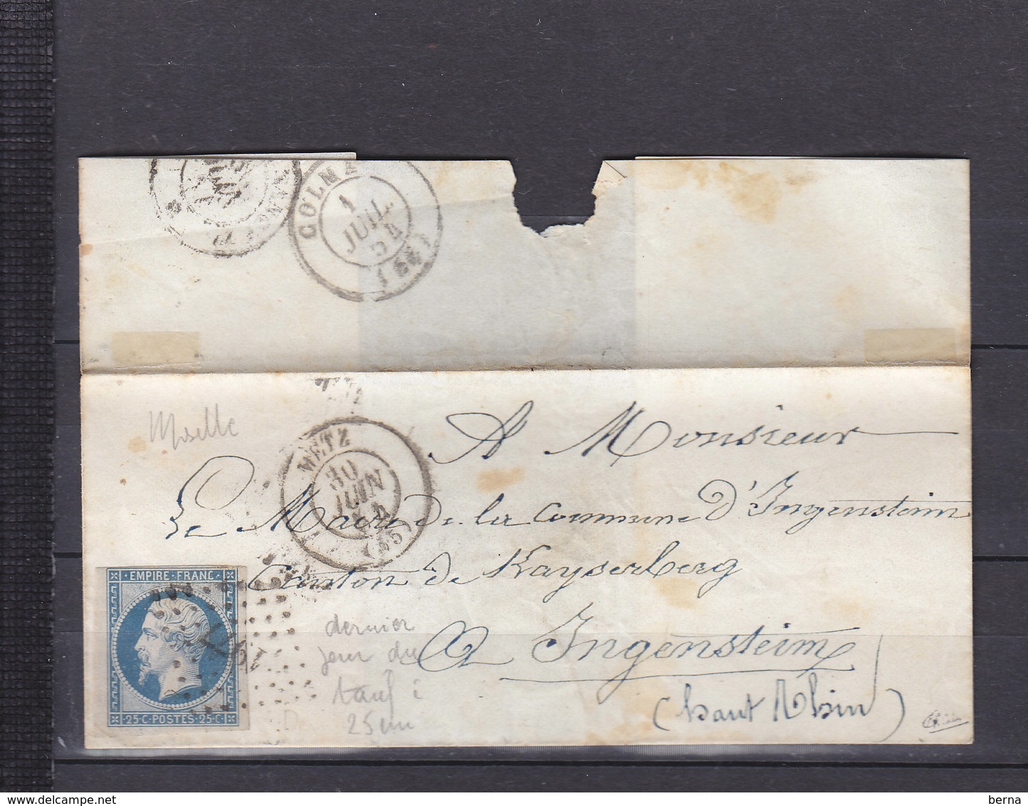 FRANCE 15 OBL PC1977 METZ MOSELLE DERNIER JOUR DU TARIF A 25cm LE 30 JUIN 1854 RARE-SANS COURRIER - 1849-1876: Classic Period