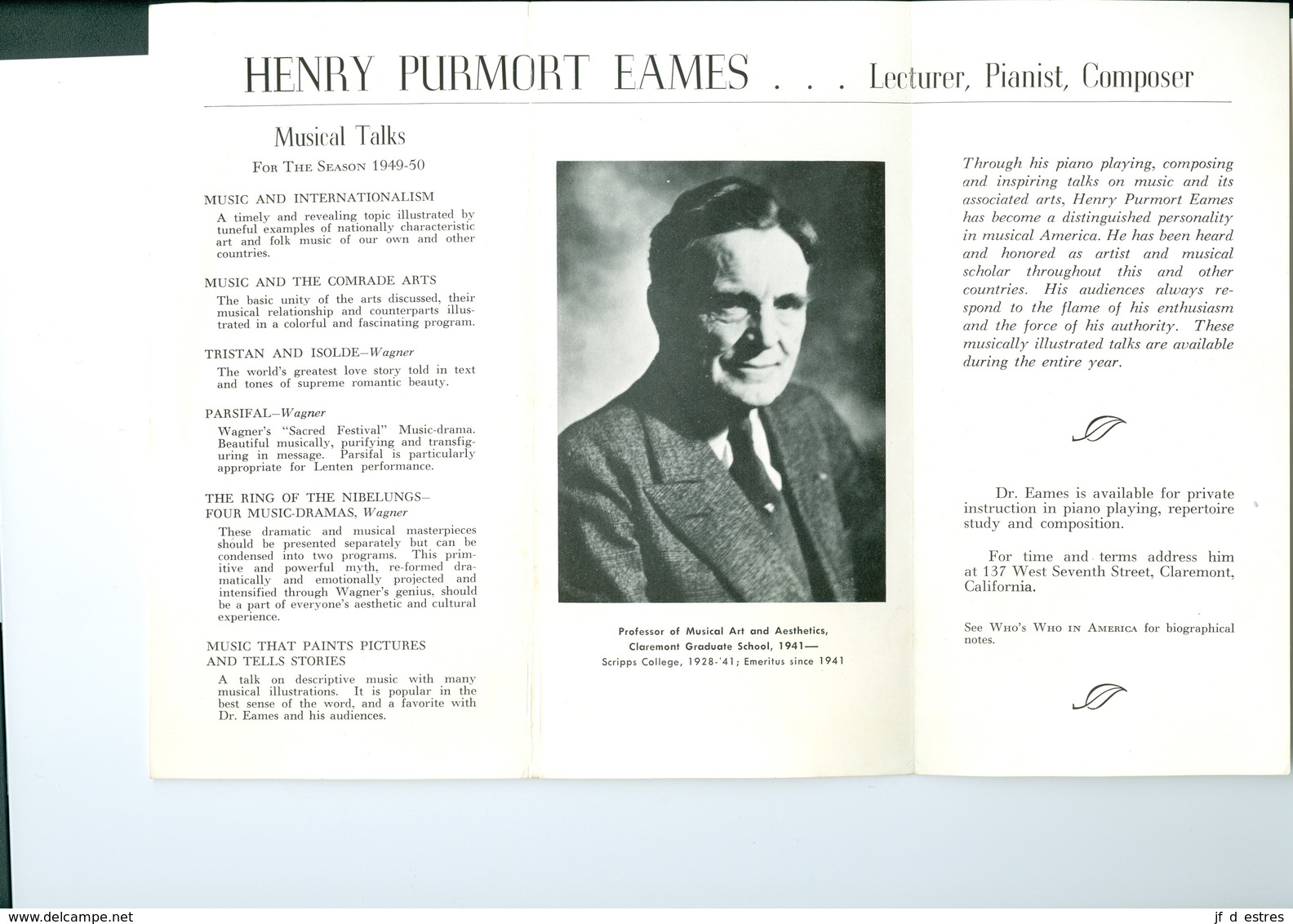 Henry Purmort Eames Lecturer, Pianist, Composer . California. Musical Talks 1949)1950 - Autres & Non Classés