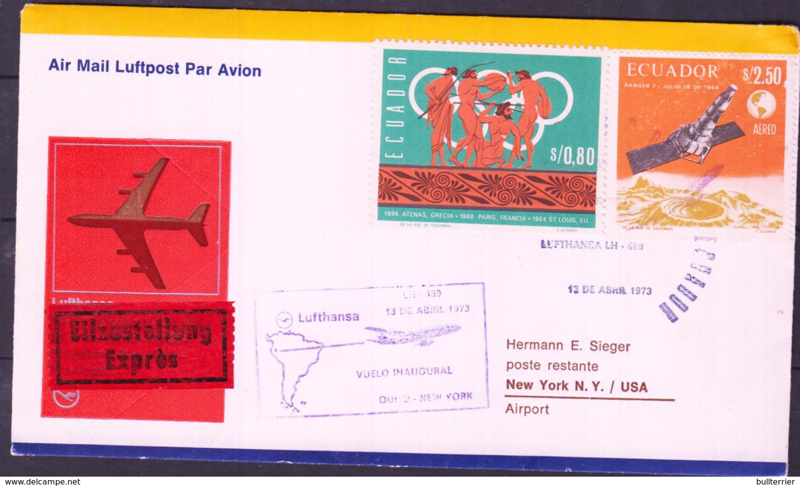 ECUADOR - 1973  GUYAQUIL - NEW YORK FIRST FLIGHT COVER - Equateur