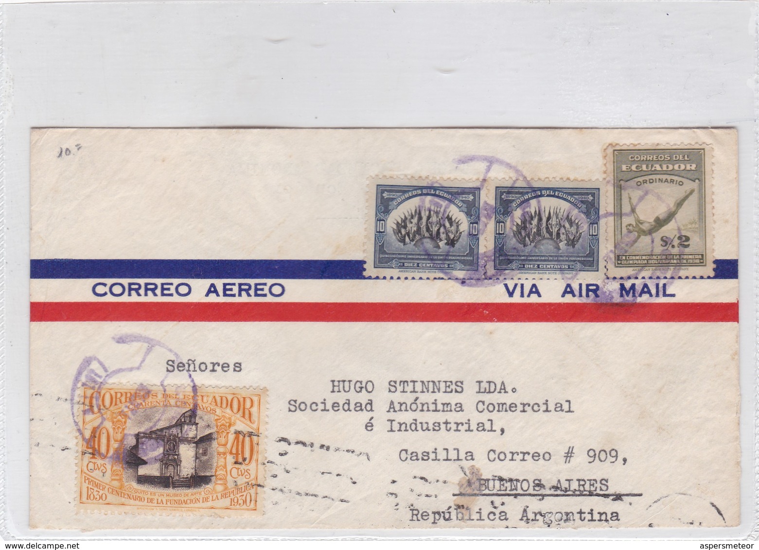 AIRMAIL ENVELOPE CIRCULEE ECUADOR TO ARGENTINE CIRCA 1941 MIXED STAMPS AUTRES MARQUES SURTAXE NOIR- BLEUP - Ecuador