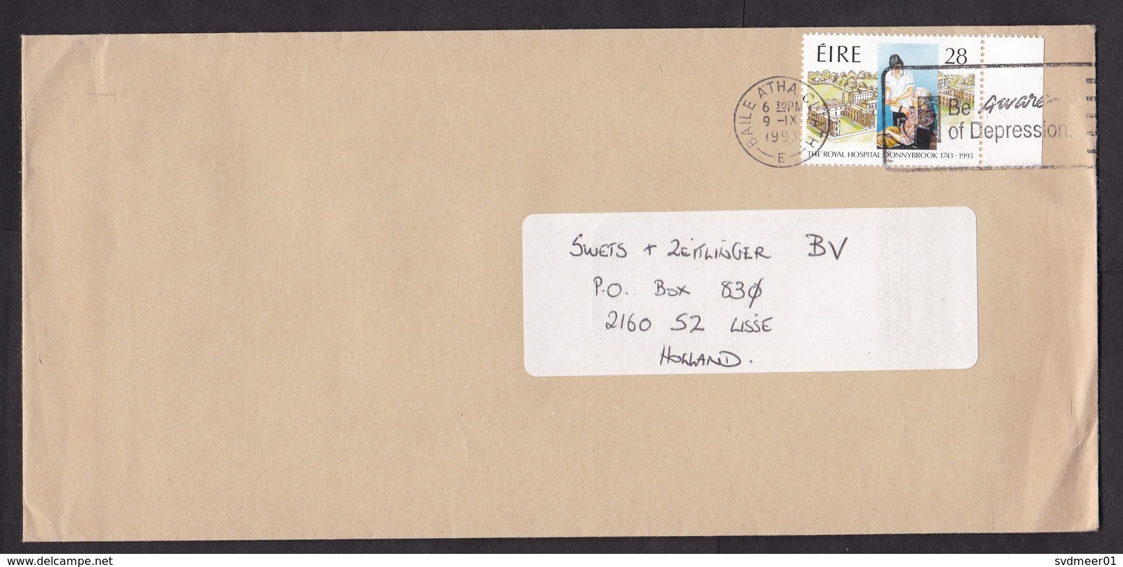 Ireland: Cover To Netherlands, 1993, 1 Stamp, Hospital, Nurse, Health, Cancel Be Aware Of Depression (minor Crease) - Brieven En Documenten