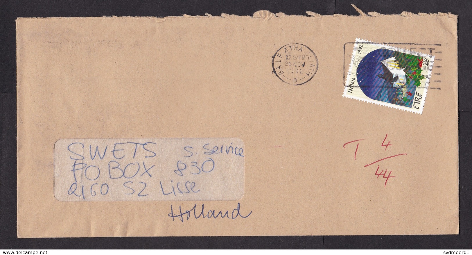 Ireland: Cover To Netherlands, 1992, 1 Stamp, Christmas, Postage Due, Taxed (roughly Opened) - Storia Postale