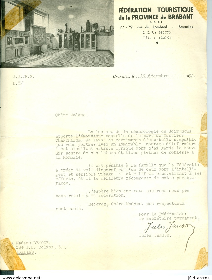 Courrier Relatif à Marc Chantraine Chanteur Lyrique Pensionnaire Du Théâtre Royal De La Monnaie 1950, 1952, 1985 - Autres & Non Classés