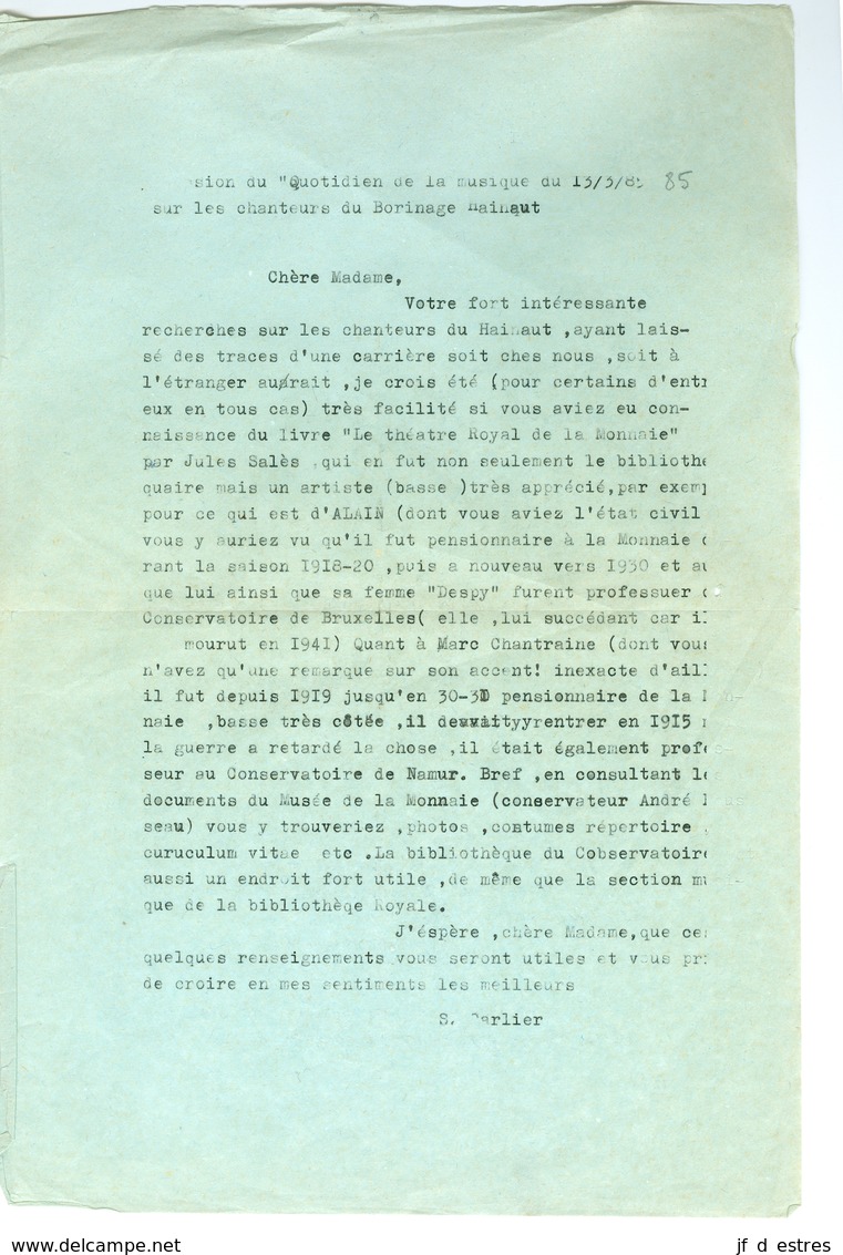 Courrier Relatif à Marc Chantraine Chanteur Lyrique Pensionnaire Du Théâtre Royal De La Monnaie 1950, 1952, 1985 - Autres & Non Classés