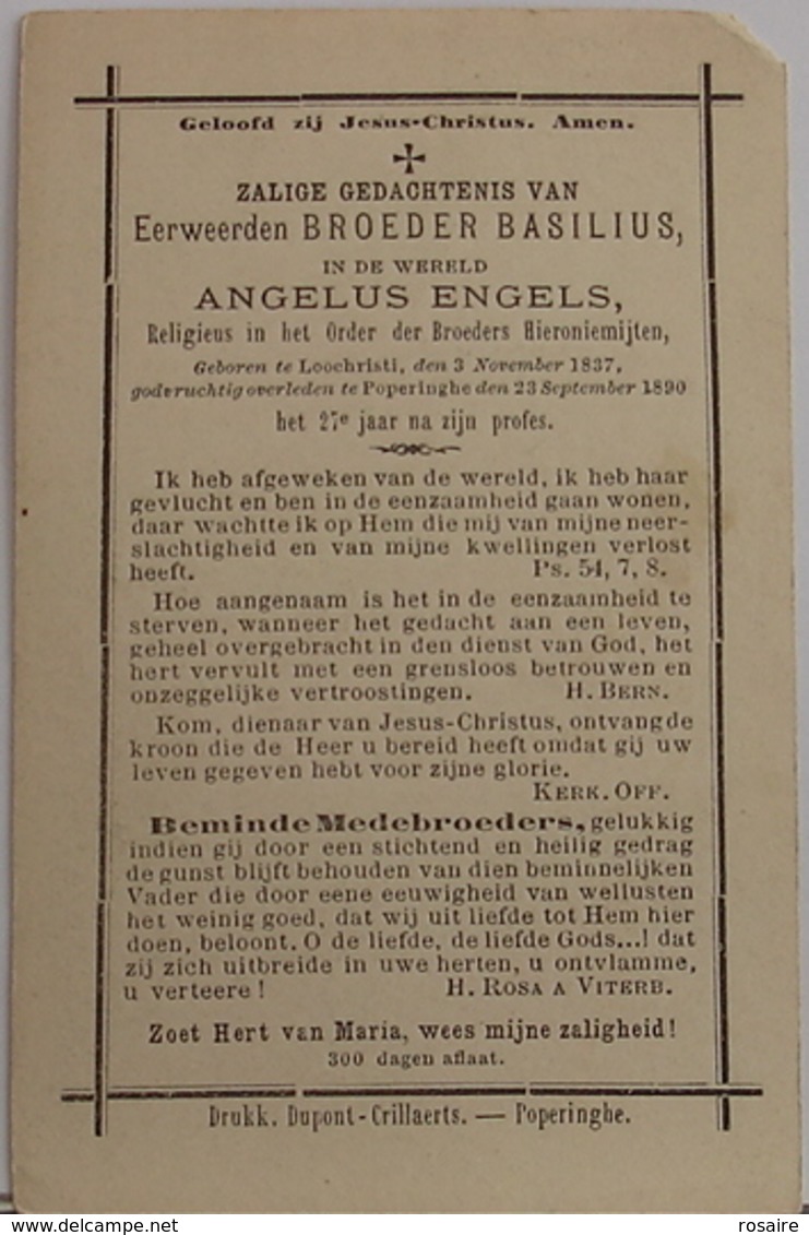 Broeder Angelus Engels-broeders Hieroniemijten-loochristi-1837-poperinghe 1890 - Devotion Images