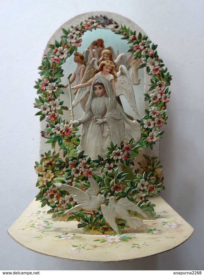 SOUVENIR DE COMMUNION 3 D A SYSTEME  7 PLANS NOMBREUX ANGES FLEURS AVEC PAILLETTES COLOMBES - Devotion Images