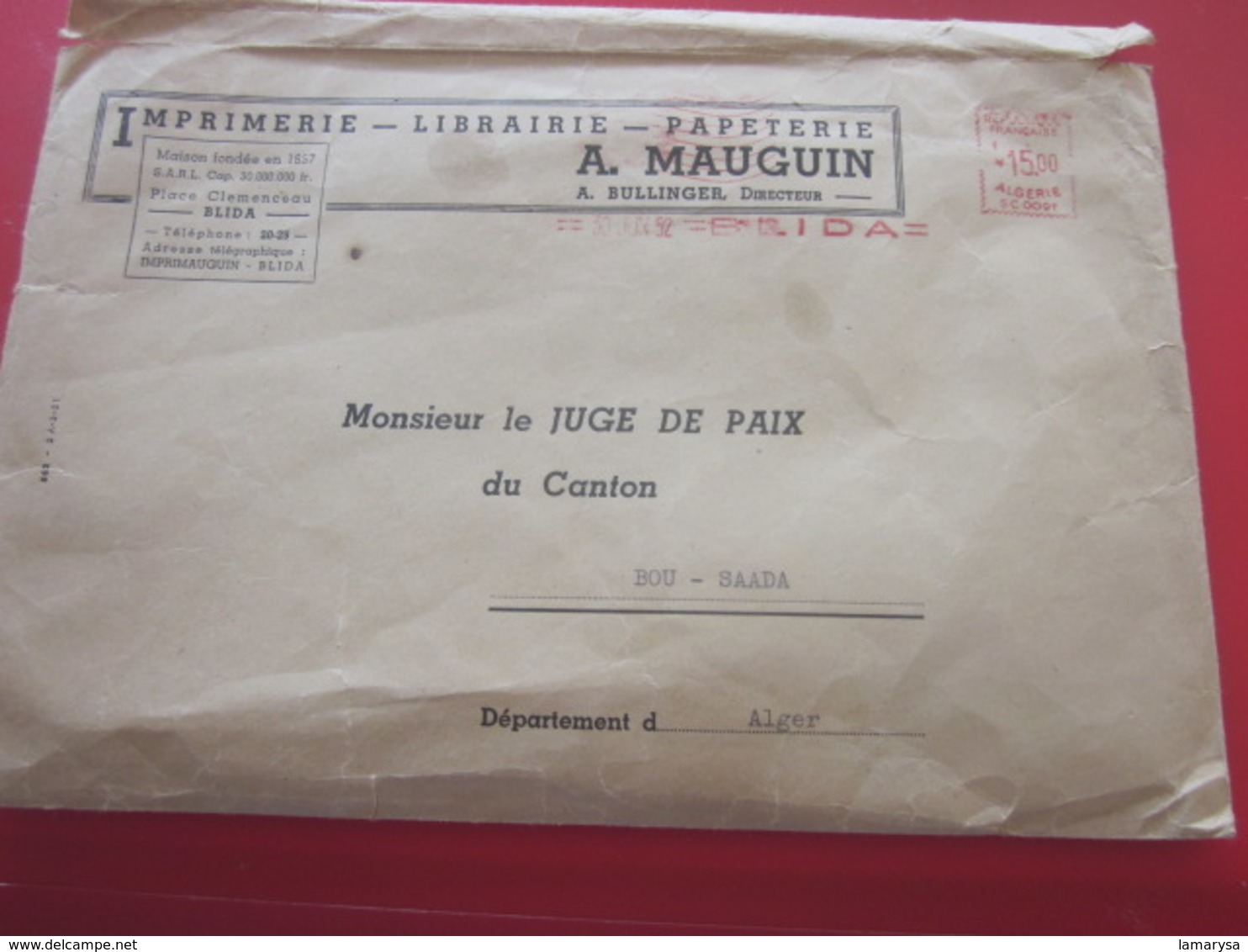 1952 BLIDA-BOU-SAADA-ALGER- Empreinte Machine à Affranchir SC0091 Ex-colonie Française Algérie Lettre Entête Imprimerie - Covers & Documents