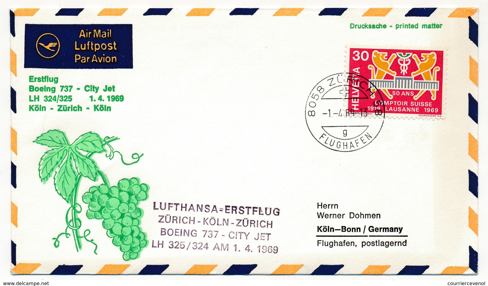 ALLEMAGNE / SUISSE - Premier Vol Lufthansa COLOGNE - ZURICH Et Retour - Boeing 737 - 1.4.1969 - Cartas & Documentos