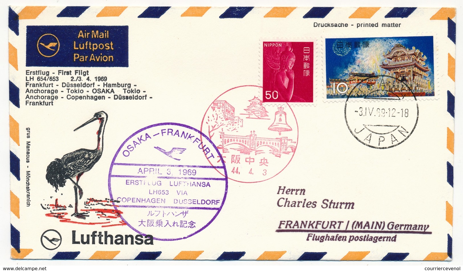 ALLEMAGNE / JAPON - Premier Vol Lufthansa FRANCFORT - OSAKA Et Retour - 1.4.1969 - Covers & Documents