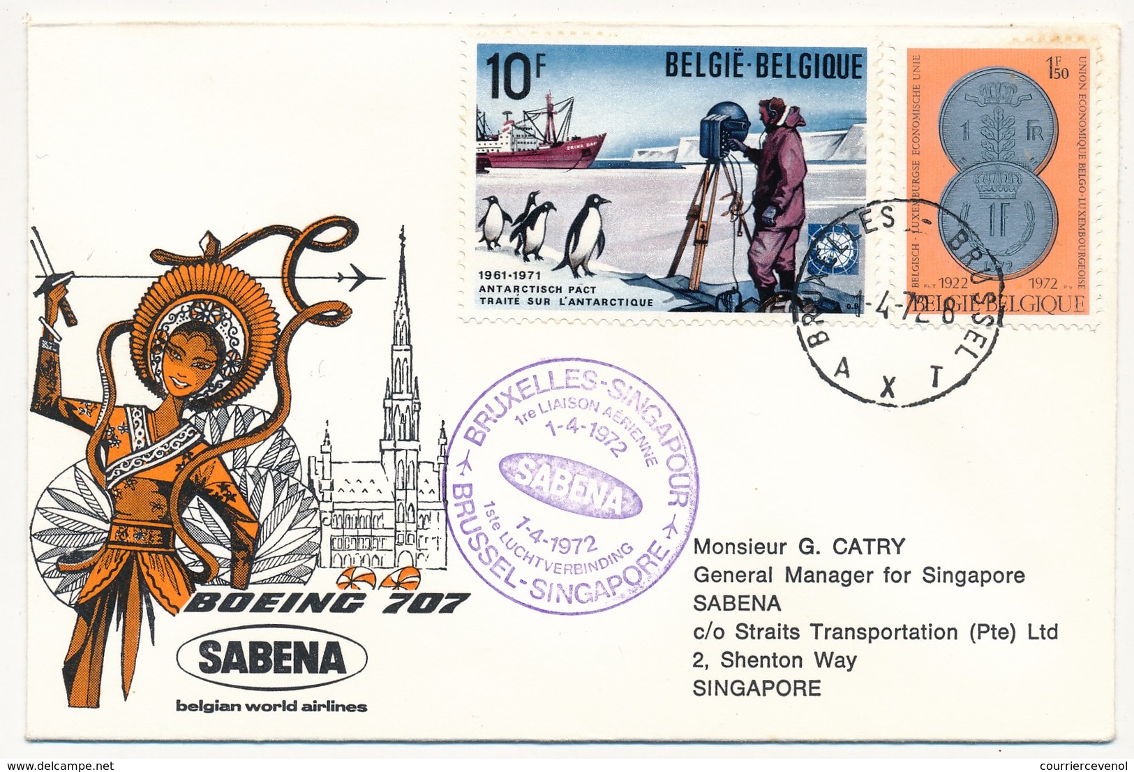 BELGIQUE / SINGAPOUR - 2 Env. SABENA - 1ere Liaison Aérienne - BRUXELLES / SINGAPOUR - 1.4.1972 Et Retour - Altri & Non Classificati