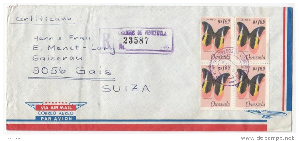 VES14009 Venezuela 1968 Registered Airmail Cover Franking Block Of 4 Buterfly Addressed Suisse - Venezuela