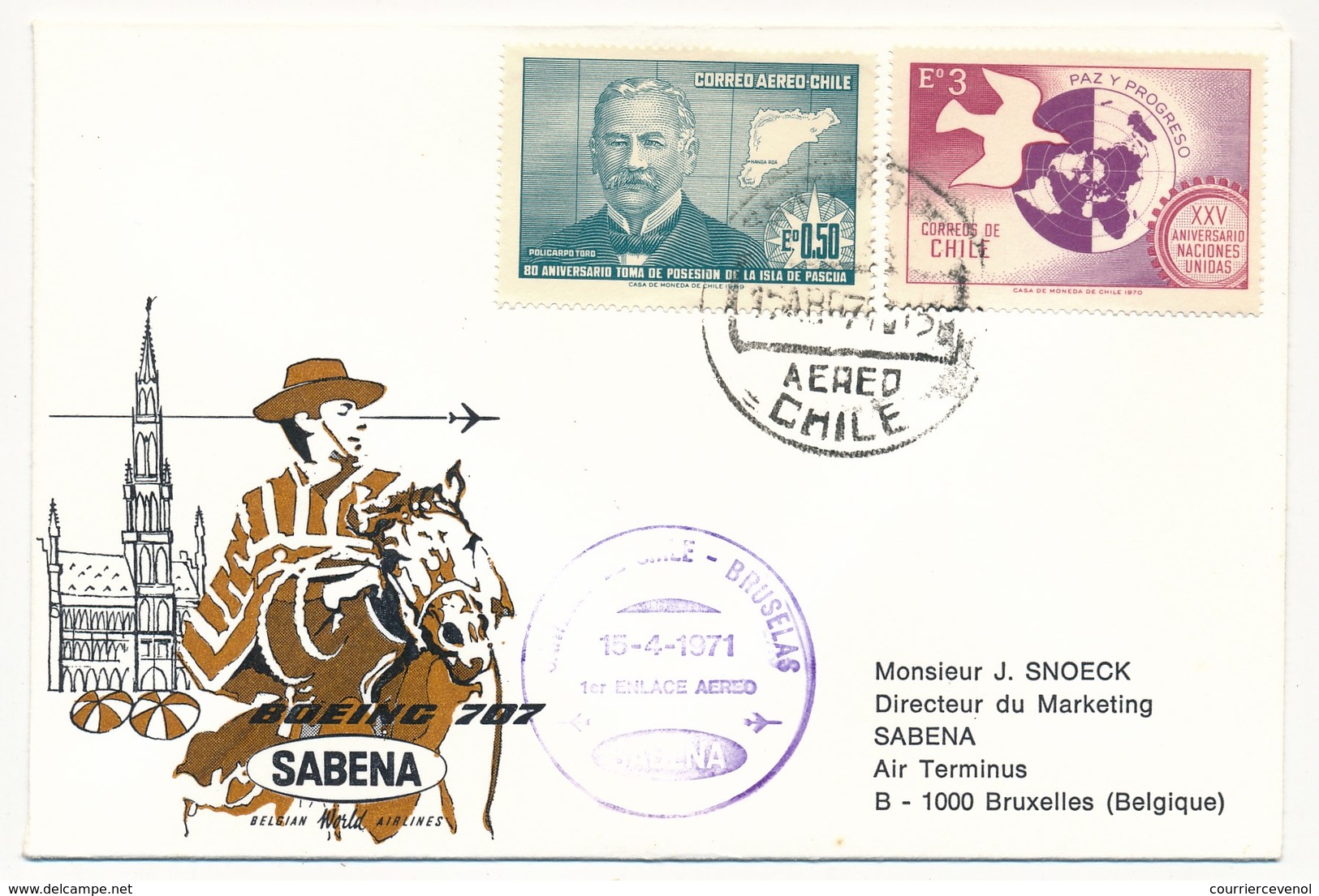 BELGIQUE / CHILI - 2 Env. SABENA - 1ere Liaison Aérienne - BRUXELLES / SANTIAGO DU CHILI - 13.4.1971 Et Retour - Other & Unclassified