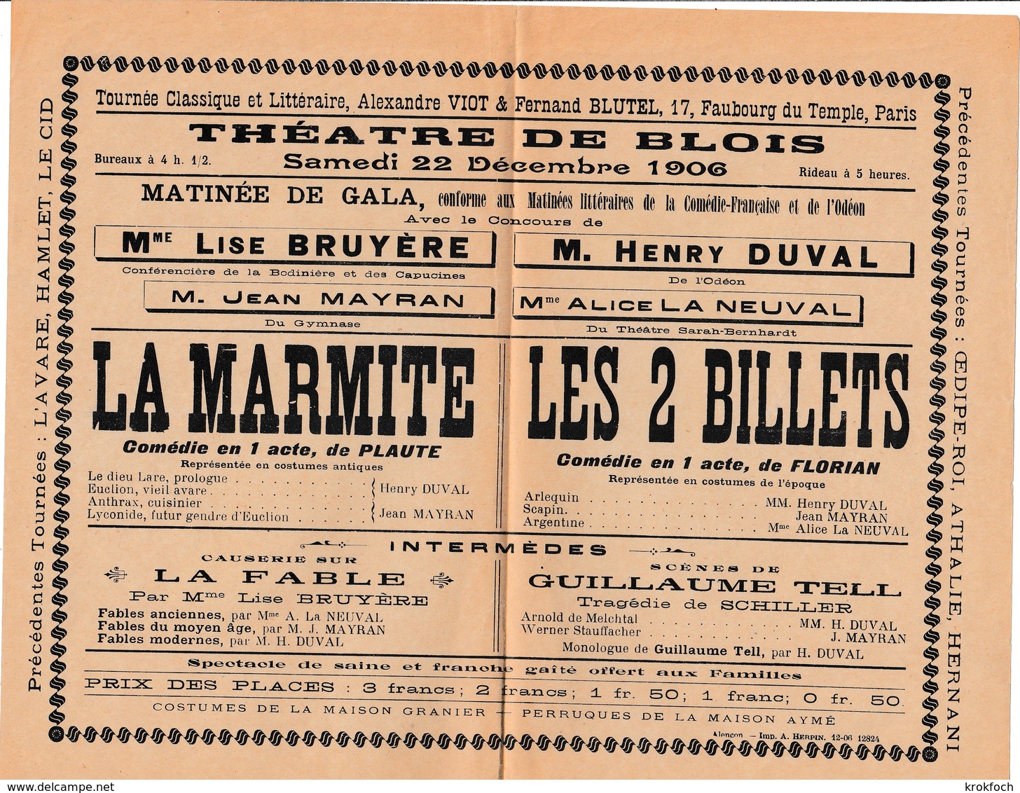 Petite Affiche Théâtre De Blois 1906 - La Marmite De Plaute & Les 2 Billets De Florian - 27 X 21,5 Cm - Manifesti