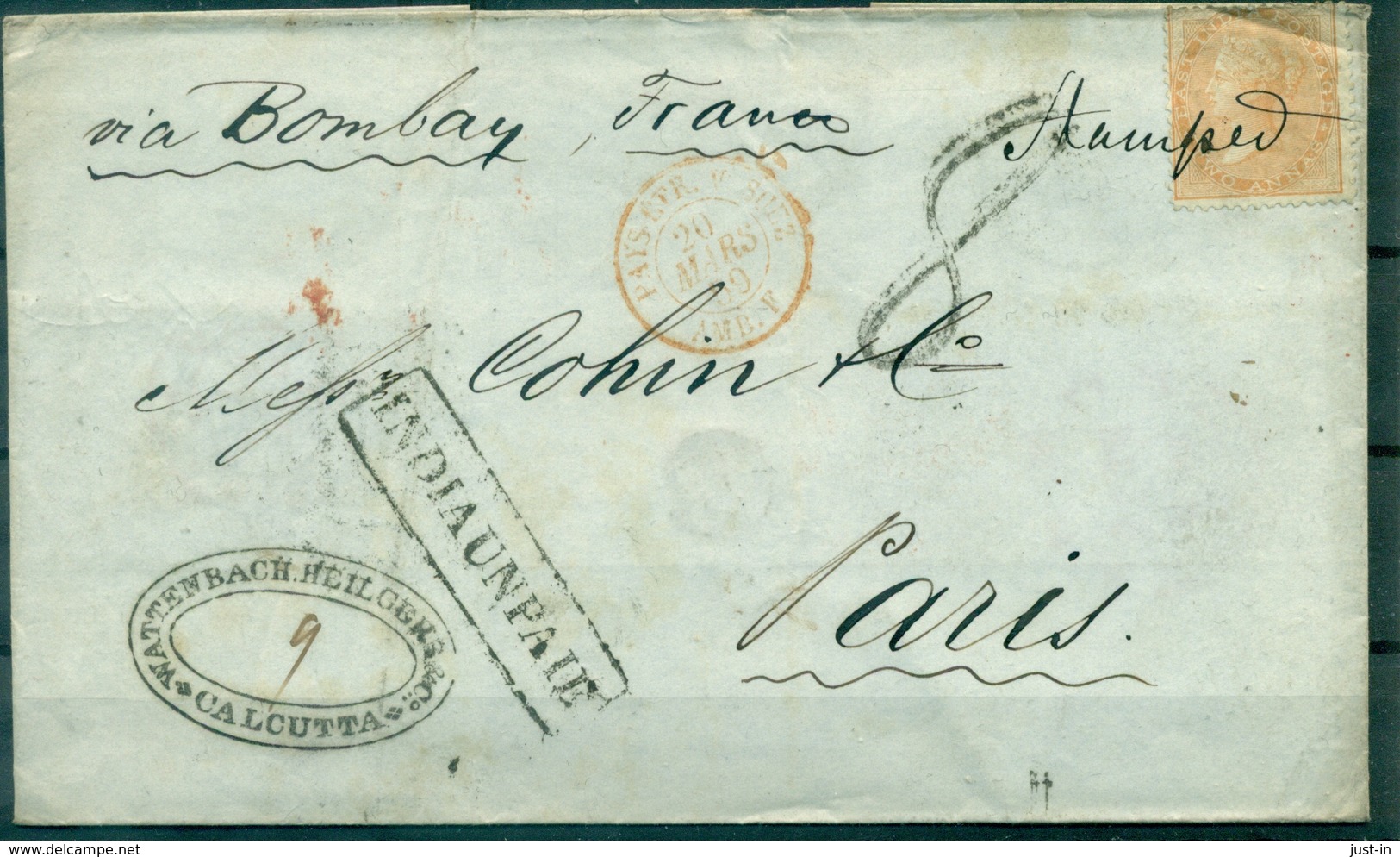 INDE Lettre De Calcutta Pour Paris Via Bombay Cachet Rouge :pays Etrg Suez 20 Mars 1859 Bien Rare. - 1858-79 Compagnie Des Indes & Gouvernement De La Reine