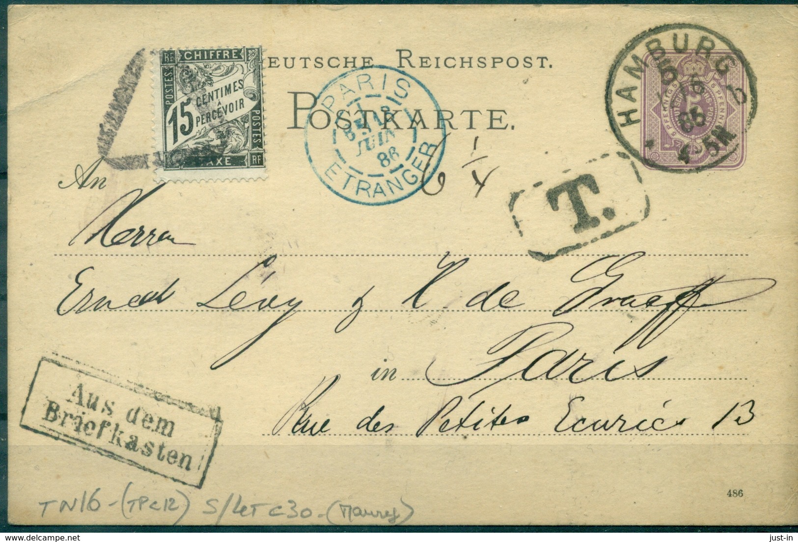 FRANCE TAXE N° 16 (15c Noir) Sur EP REICH De HAMBOURG. .1885 Pour PARIS. - 1859-1959 Lettres & Documents