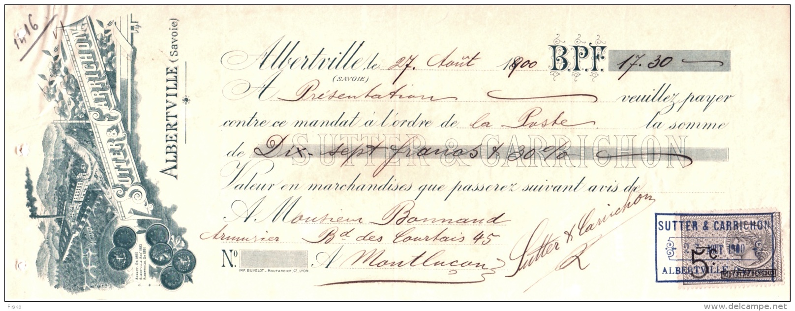 SUTTER &amp; CARRICHON       Albertville (Savoie)             Fiscal 1900 - Lettres De Change