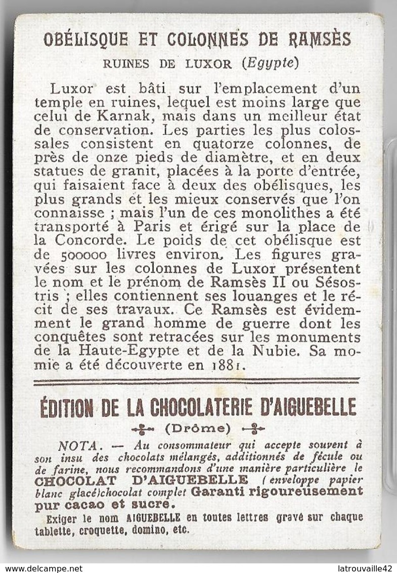 Ancien Chromo Chocolat D'Aiguebelle Série Des Monuments Du Monde: Colosse, Obélisque, Colonnes De Ramsès, Luxor Egypte - Aiguebelle