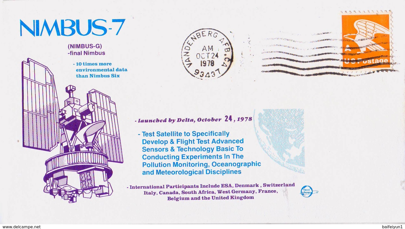 USA 1978 Satellite NIMBUS-7 Launched By Delta Commemoraitve Cover - America Del Nord