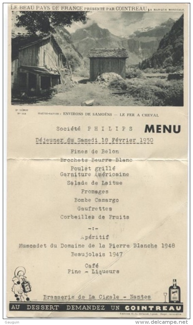 MENU ILLUSTRE - PUB COINTREAU - Brasserie La CIGALE NANTES - Illustration Envions De SAMOËNS - Menus