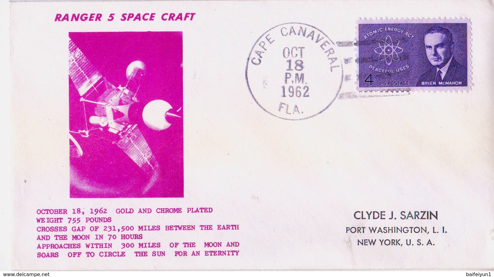 USA 1962 RANGER 5  Spacecraft Commemoraitve Cover - America Del Nord