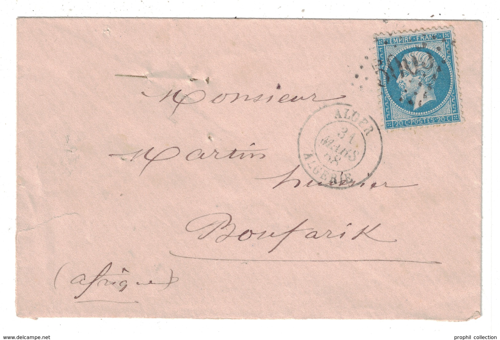1868 - LETTRE LSC De ALGER Pour BOUFARIK (ALGERIE BFE) OBL. GC 5005 Sur NAPOLÉON N° 22 - 1849-1876: Période Classique