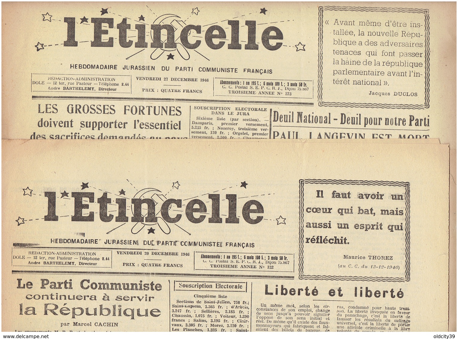 L'étincelle ( Hebdo Jurassien Du Parti Communiste Français ) Des 20 Et 27 Décembre 1946 : Grosses Fortunes ( Barthelemy) - Autres & Non Classés