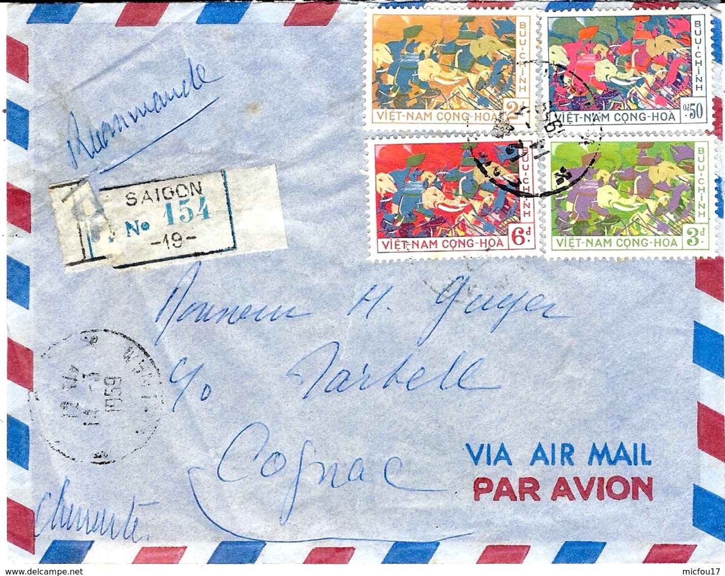 1959- Enveloppe Par Avion  Recc. De Saigon Pour Cognac - Vietnam