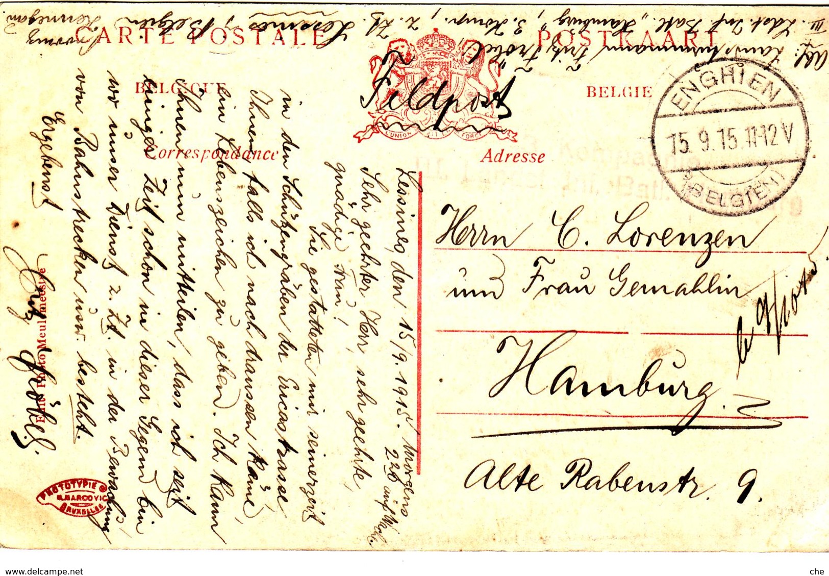 LESSINES CARRIERE TACQUENIER CACHET A DATE ENGHIEN 1915 MARQUE MILITAIRE GUERRE 14 18  III LANDT INF BATL - Lessen