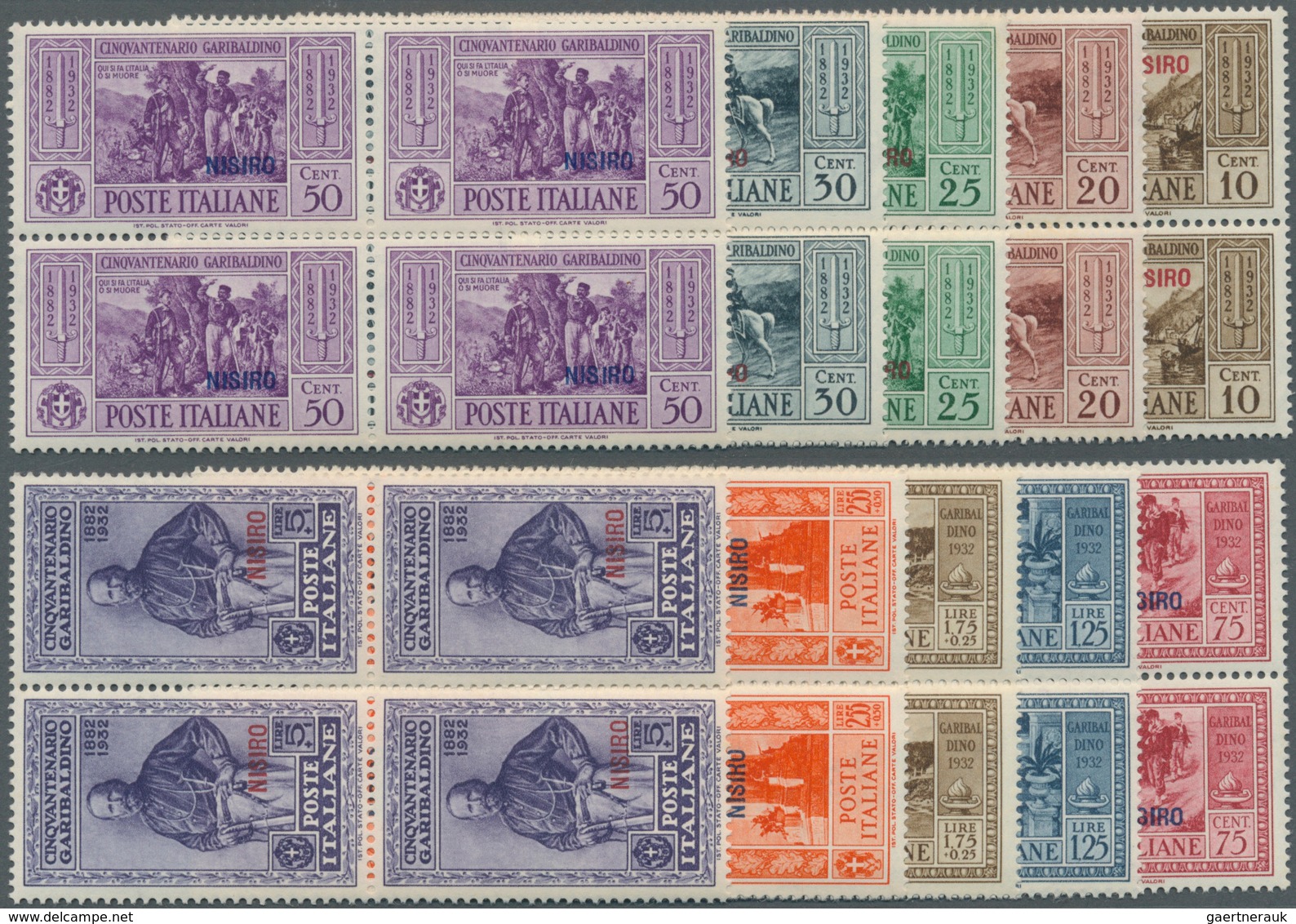 Ägäische Inseln: 1932, Garibaldi Complete Set With NISIRO Opt. In Blocks Of Four, Mint Never Hinged - Egée