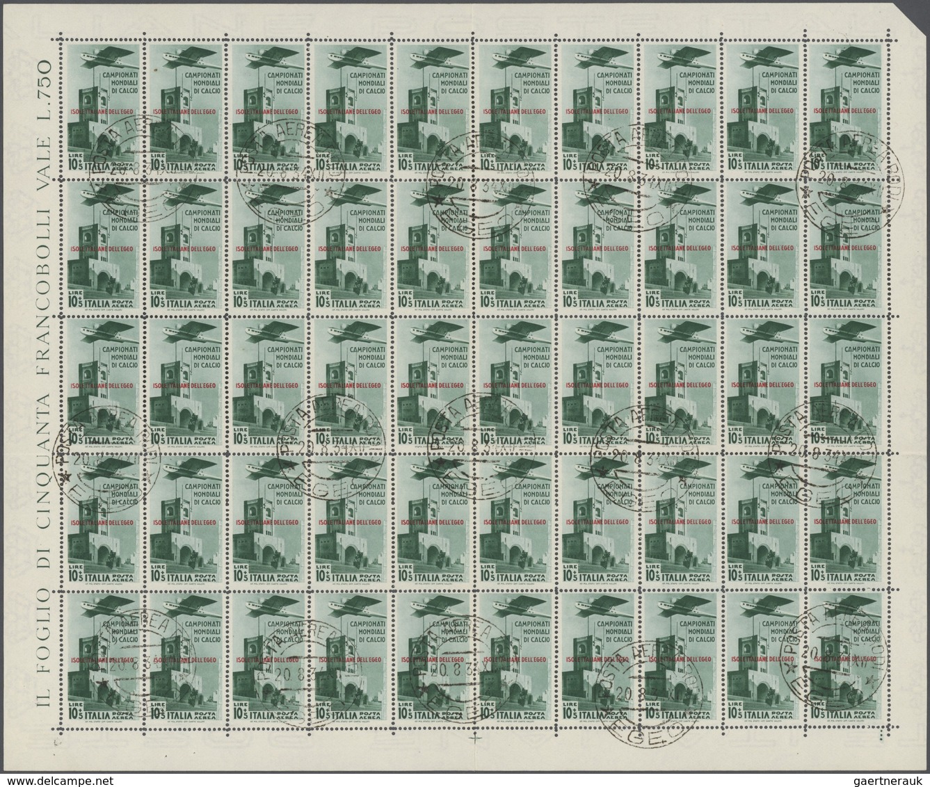 Ägäische Inseln: 1934, Aegean Islands. Lot With 6 Different, Complete Sheets Of 50 Stamps Each: 20c - Egée