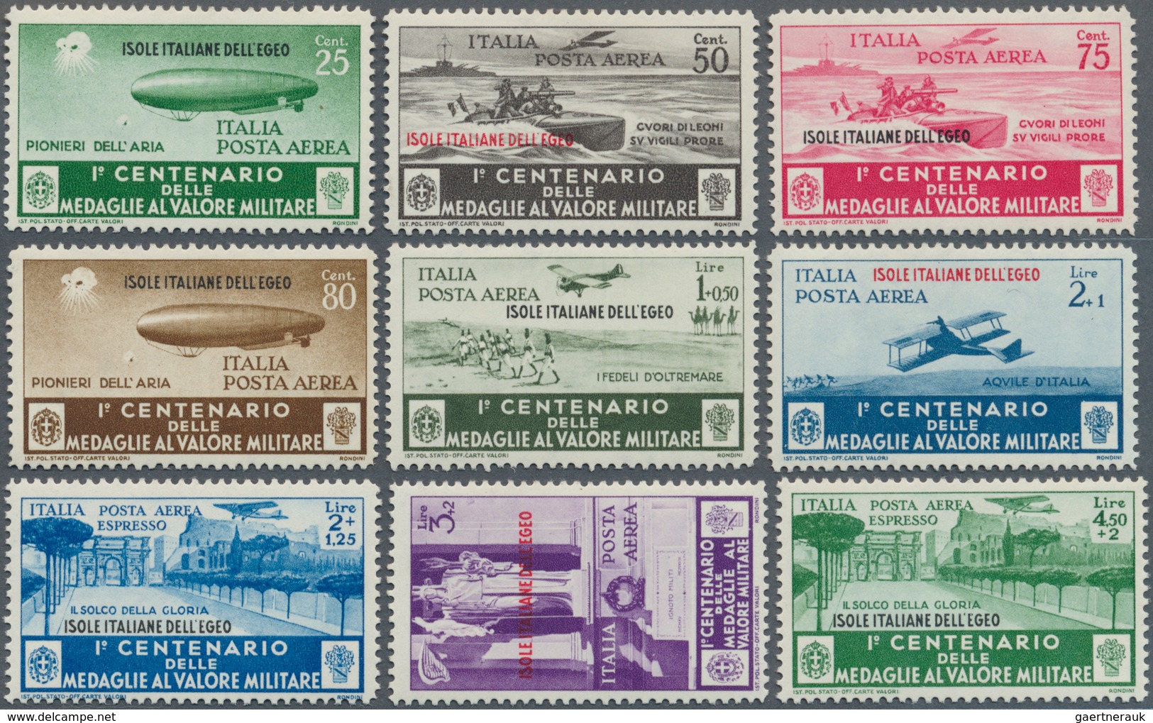 Ägäische Inseln: 1935, Medal Of Military Valor, Complete Set Of 9 Airmail-stamps, VF Mint Lightly Hi - Aegean