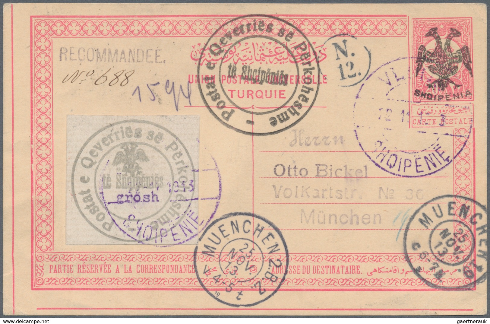 Albanien: 1913. Entire Postcard 20p With Additional Franking 1p Cut (square) To Munich (arrival 25.1 - Albanie