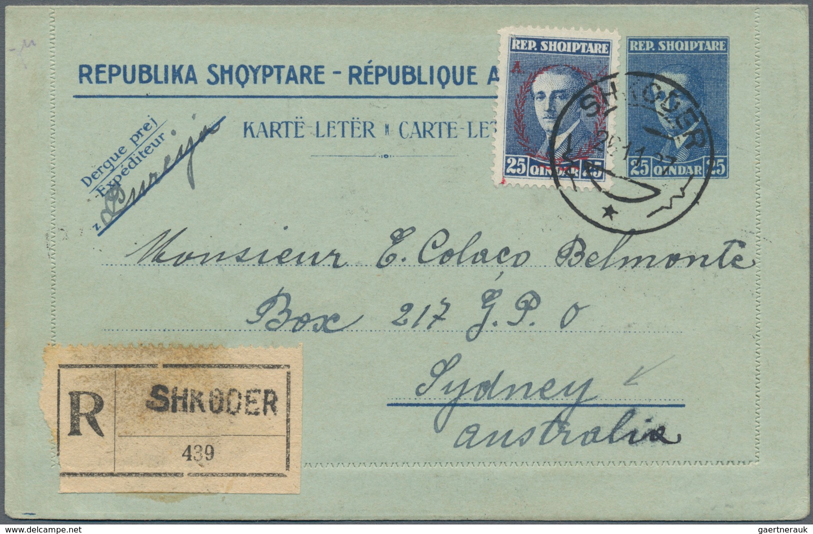 Albanien - Ganzsachen: 1972, Letter Card 25 Q. Uprated 25 Q. Ovpt. "A.Z." Tied "SHKODER 26 11 27" Re - Albanië