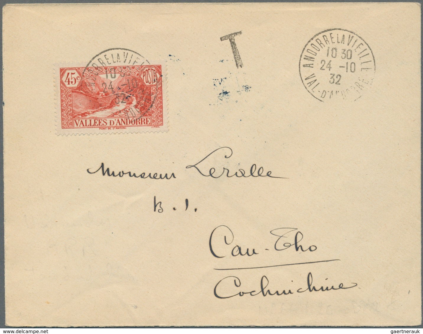 Andorra - Französische Post: 1932, Cover With 45 C Of The "Landscapes" To Indochina With "T" Mark On - Other & Unclassified