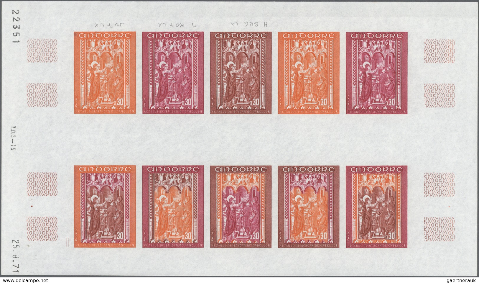 Andorra - Französische Post: 1971, Fresco "St.Joan De Caselles", Three Values Each As Imperforate Co - Andere & Zonder Classificatie