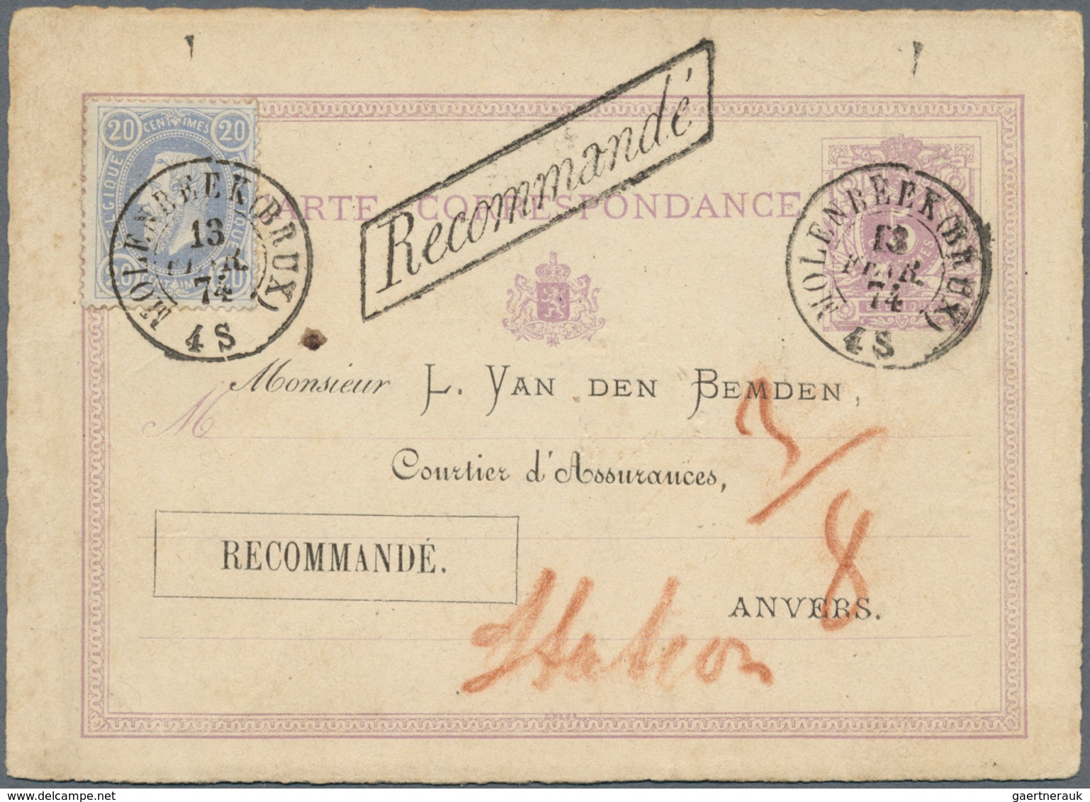 Belgien - Ganzsachen: 1874, 5 C Lilac Psc With Preprinted Questionnaire And Address Of An Insurance - Andere & Zonder Classificatie