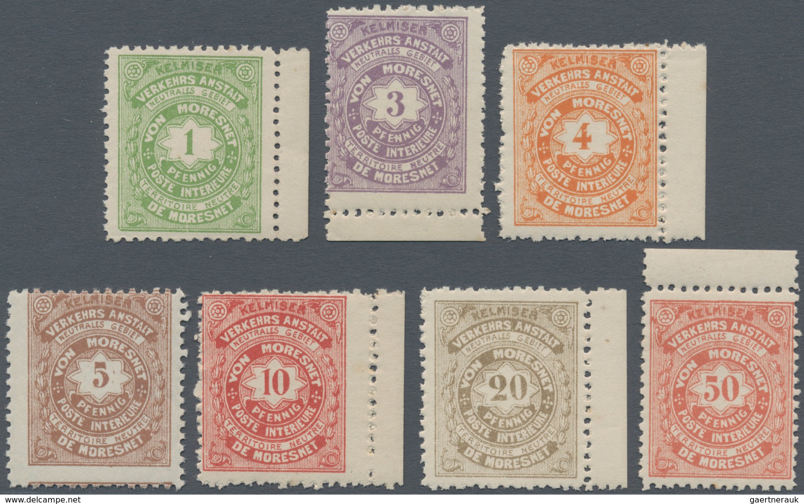 Belgien - Besonderheiten: MORESNET LOCAL ISSUE: 1886, Local Issue Part Set Of Seven (missing The 2pf - Andere & Zonder Classificatie