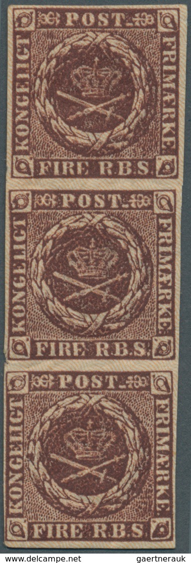 Dänemark: 1853 "Fire R.B.S." Dark Reddish Brown From 2nd Thiele Printing, Plate II, VERTICAL STRIP O - Unused Stamps