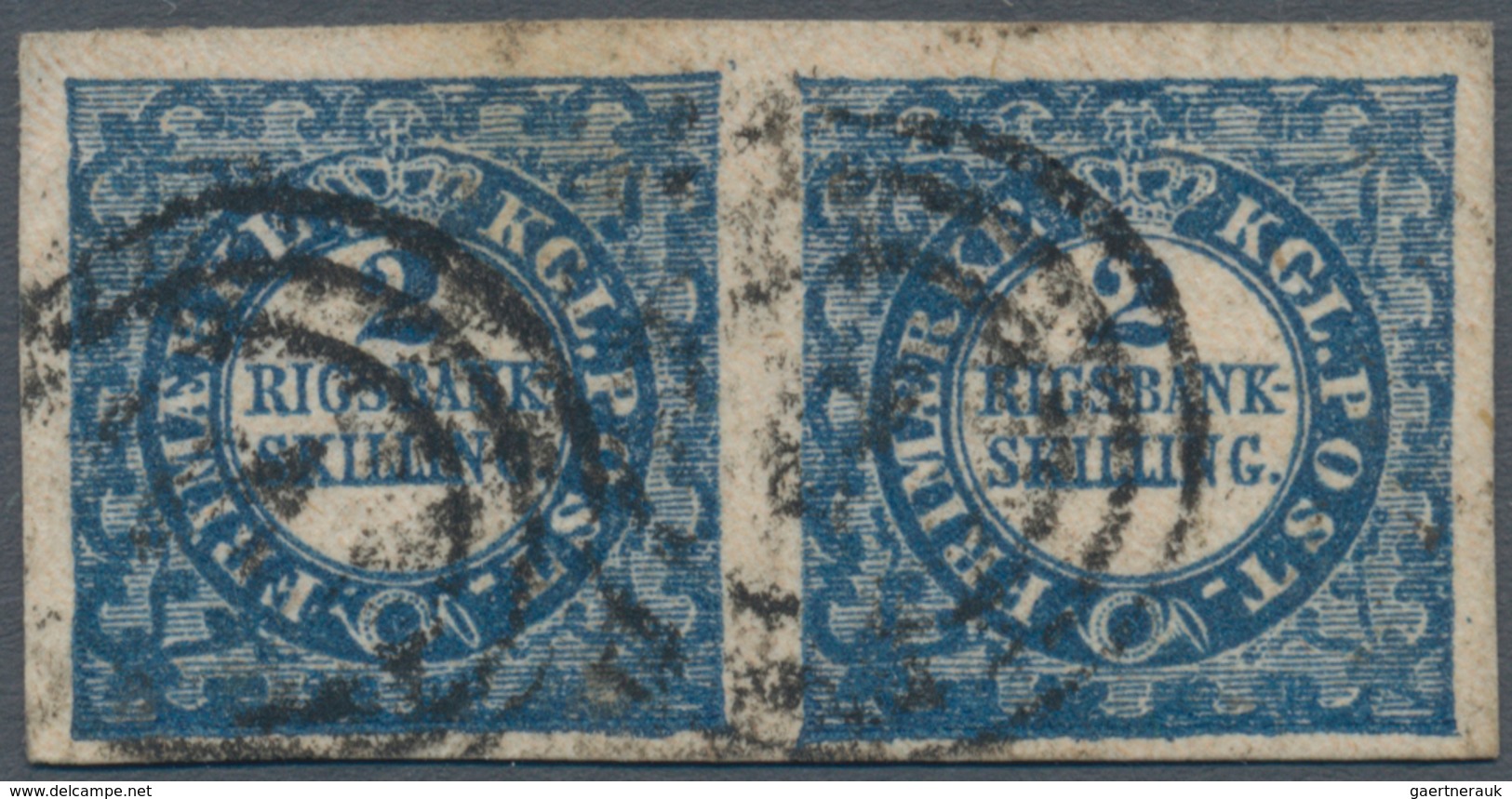 Dänemark: 1852 2 R.B.S. Blue From 2nd (Thiele) Printing, HORIZONTAL PAIR Of Sheet Pos. 93+94, Used A - Ongebruikt