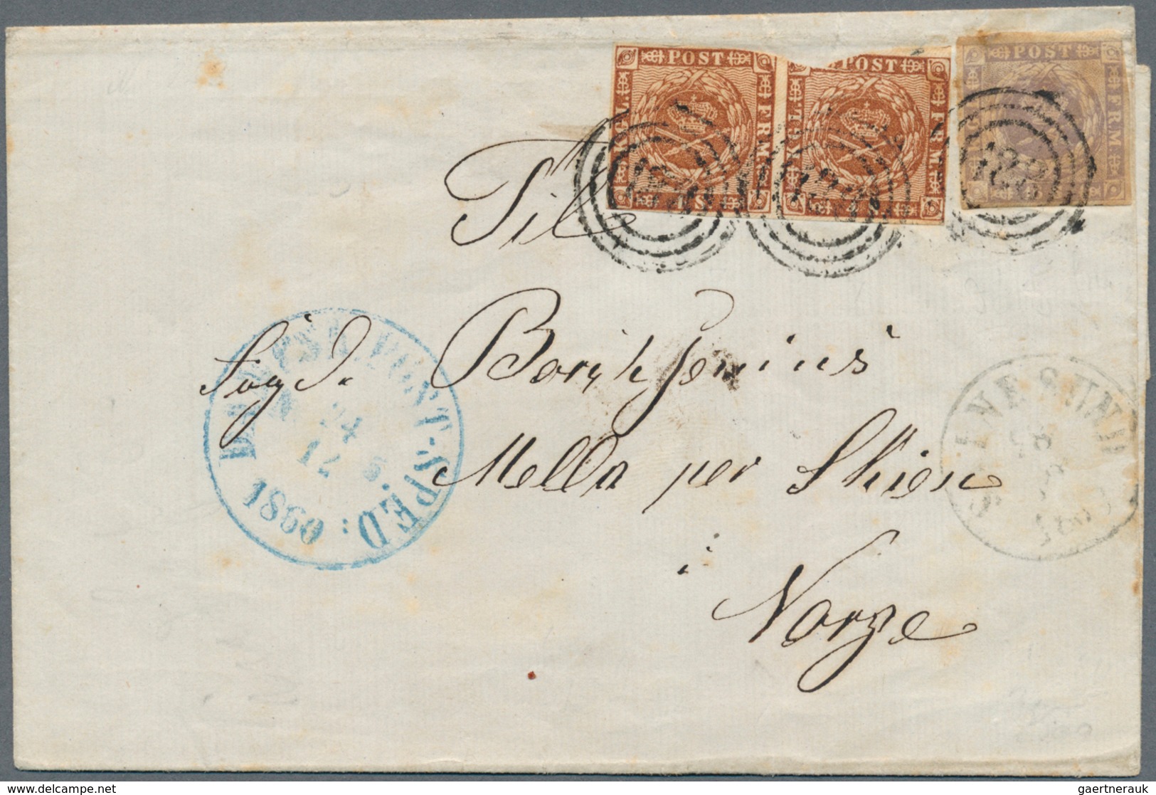 Dänemark: 1860 Folded Cover To Mella, Noway Via Svinesund Franked By 1854 4s. Brown Horizontal Pair - Nuovi